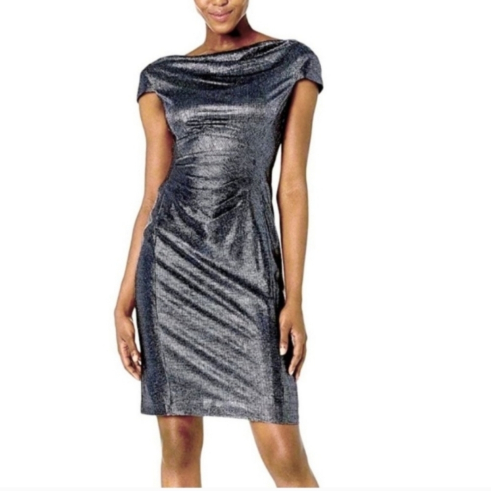 Tahari Silver Blue Ruched Metallic Dress - Size 16